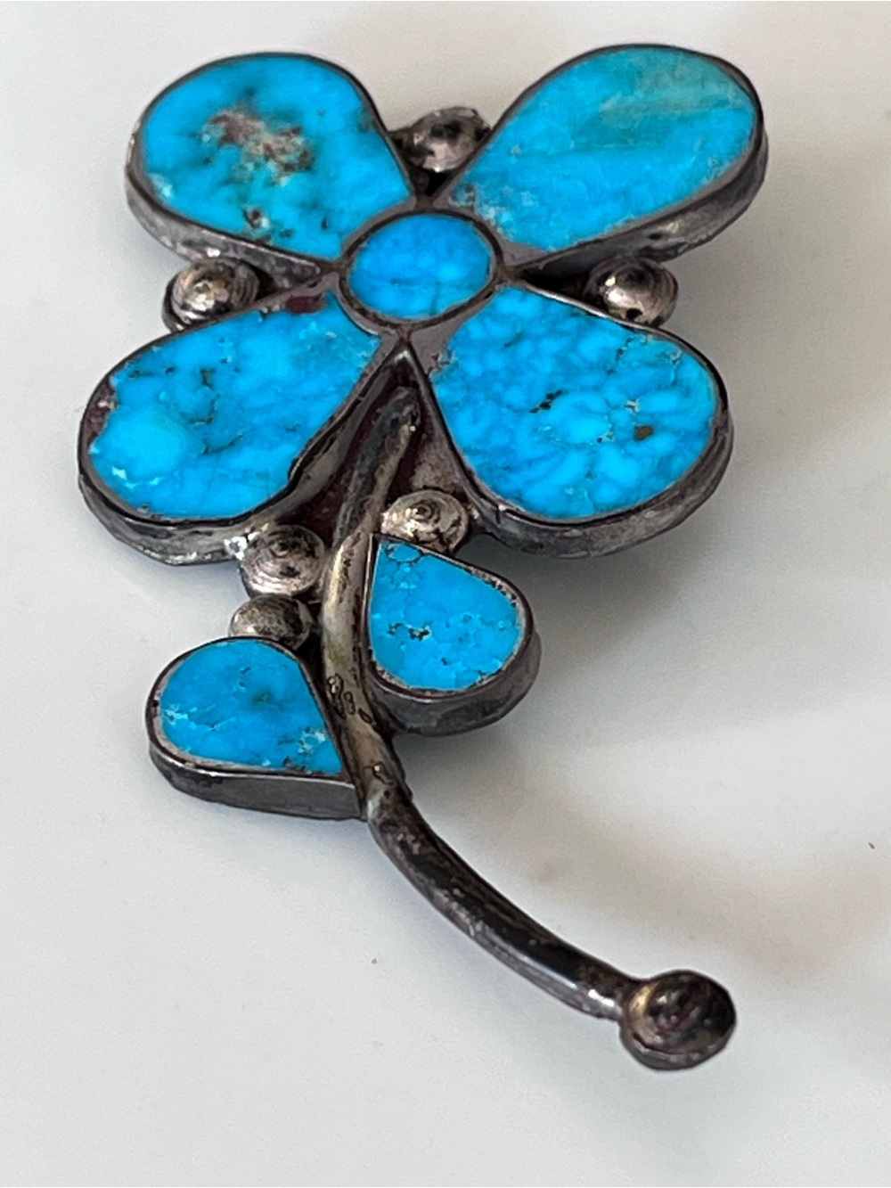 Native American Turquoise Inlay Flower Pin Brooch - Bright Blue Stone